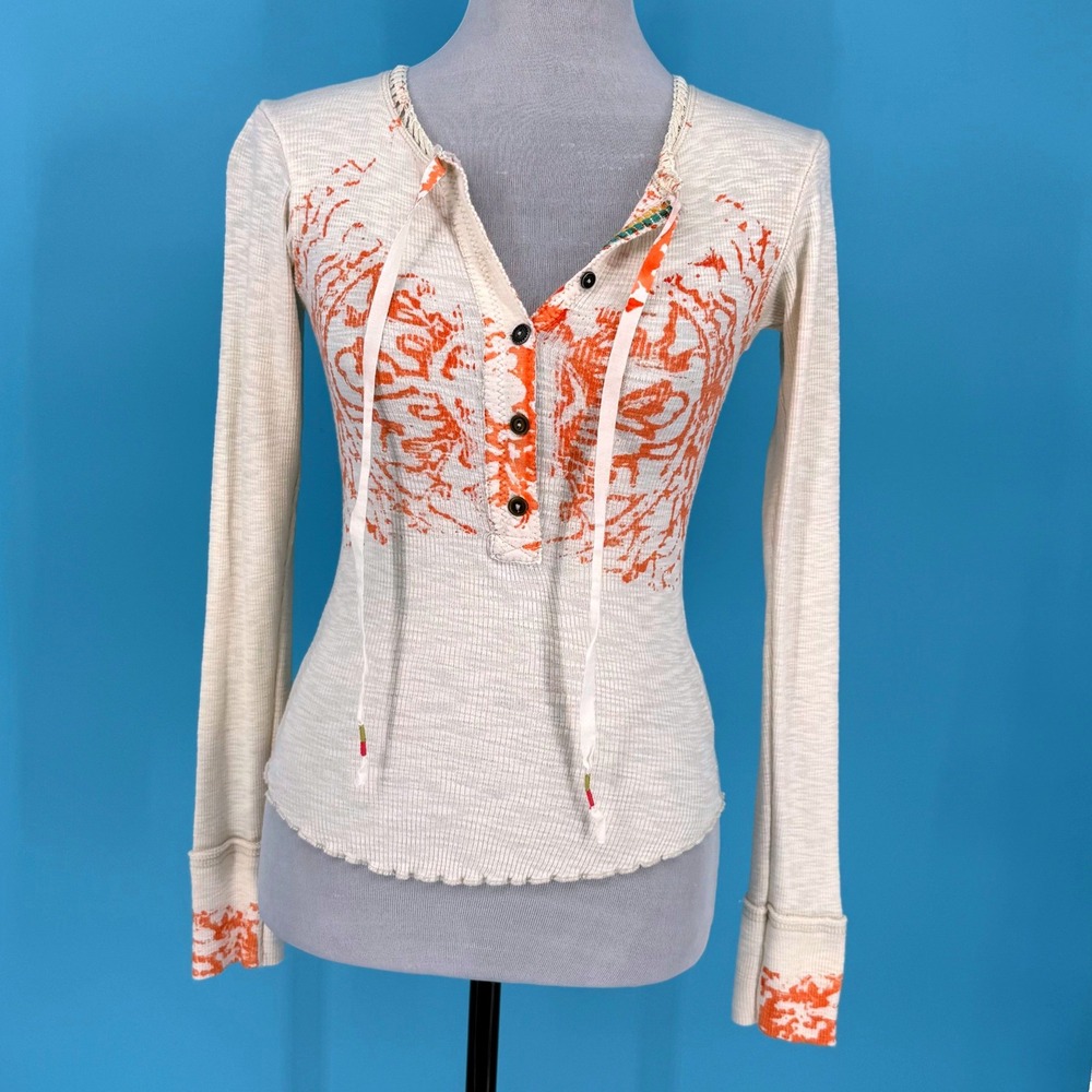 We The Free Free People Henley Top XS Cream Orange Graphic Ribbed Long Sleeve